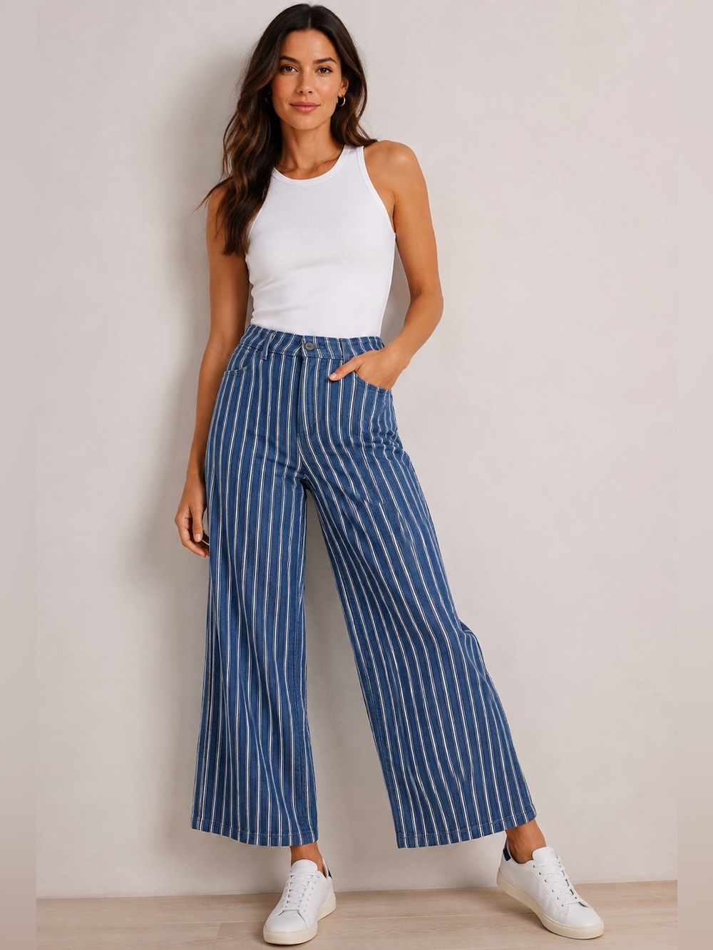 NYDJ Mona Wide Leg Jeans 8 Blue White Pinstripe High Rise Cropped 8